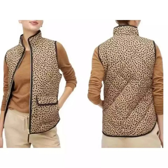 J. Crew Factory Animal Print Puffer Quilted Vest Full Zip Snap Pockets M - Picture 1 of 14